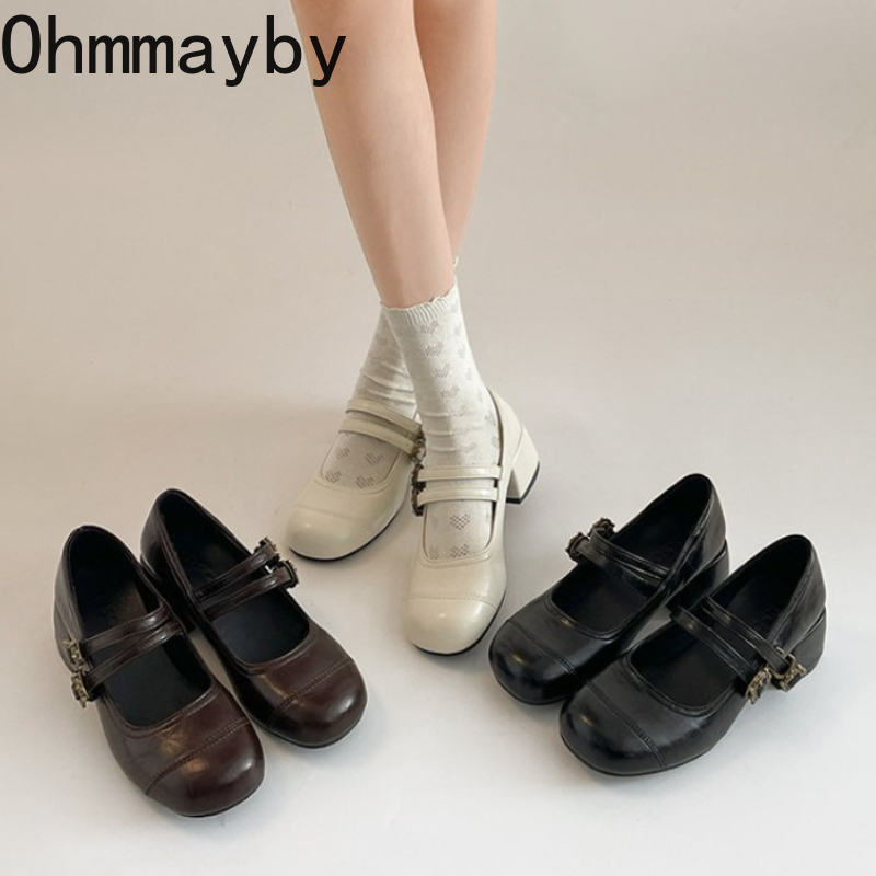 Vintage Outdoor Fashion - รองเท้าส้นหนาสไตล์วินเทจแบบแมรี่เจนสำหรับผู้หญิง แฟชั่นสายรัดหัวเข็มขัดโลหะ รองเท้าส้นสูงสำหรับผู้หญิง สวมใส่กลางแจ้ง ดูสง่างาม รุ่นใหม่
