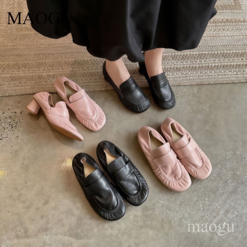 Vintage Fashion Online - รองเท้าหนังนิ่มแบบสวมสำหรับผู้หญิง ทรงจีบ ปลายมน ส้นกลาง สวมใส่สบาย สไตล์วินเทจ