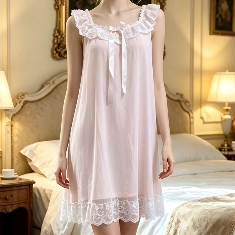 Vintage Fashion Dresses - ชุดนอนผู้หญิงแขนกุด แต่งระบาย ผ้าตาข่าย โมดอล คอวี ชุดเดรสฤดูร้อน